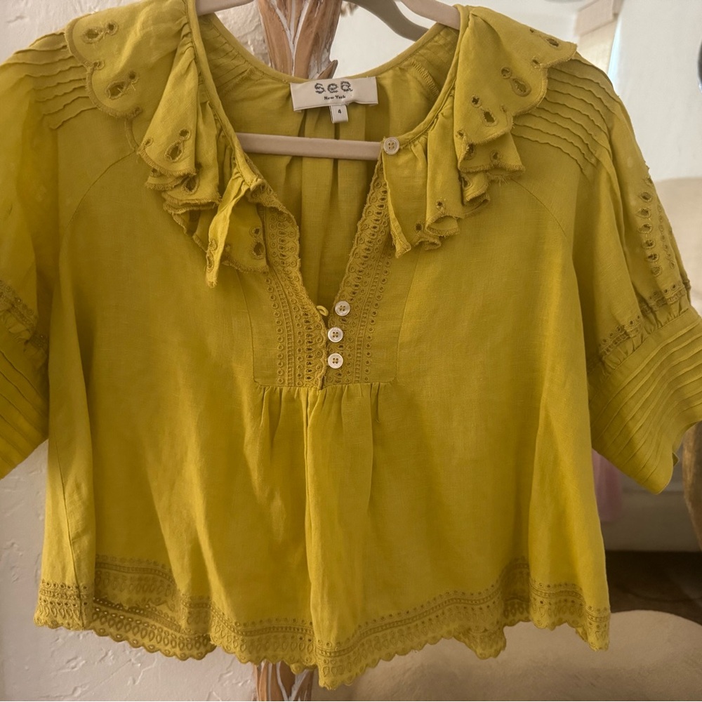 Sea New York yellow-green ruffled eyelet blouse